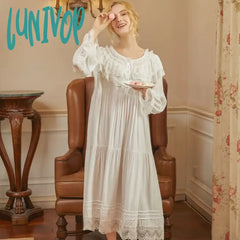 Lunivop Victorian White Night Dress Women Long Sleeve Romantic Vintage Nightgown Retro Princess