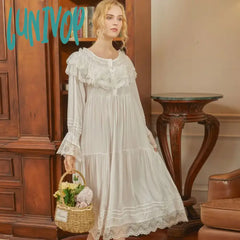 Lunivop Victorian White Night Dress Women Long Sleeve Romantic Vintage Nightgown Retro Princess