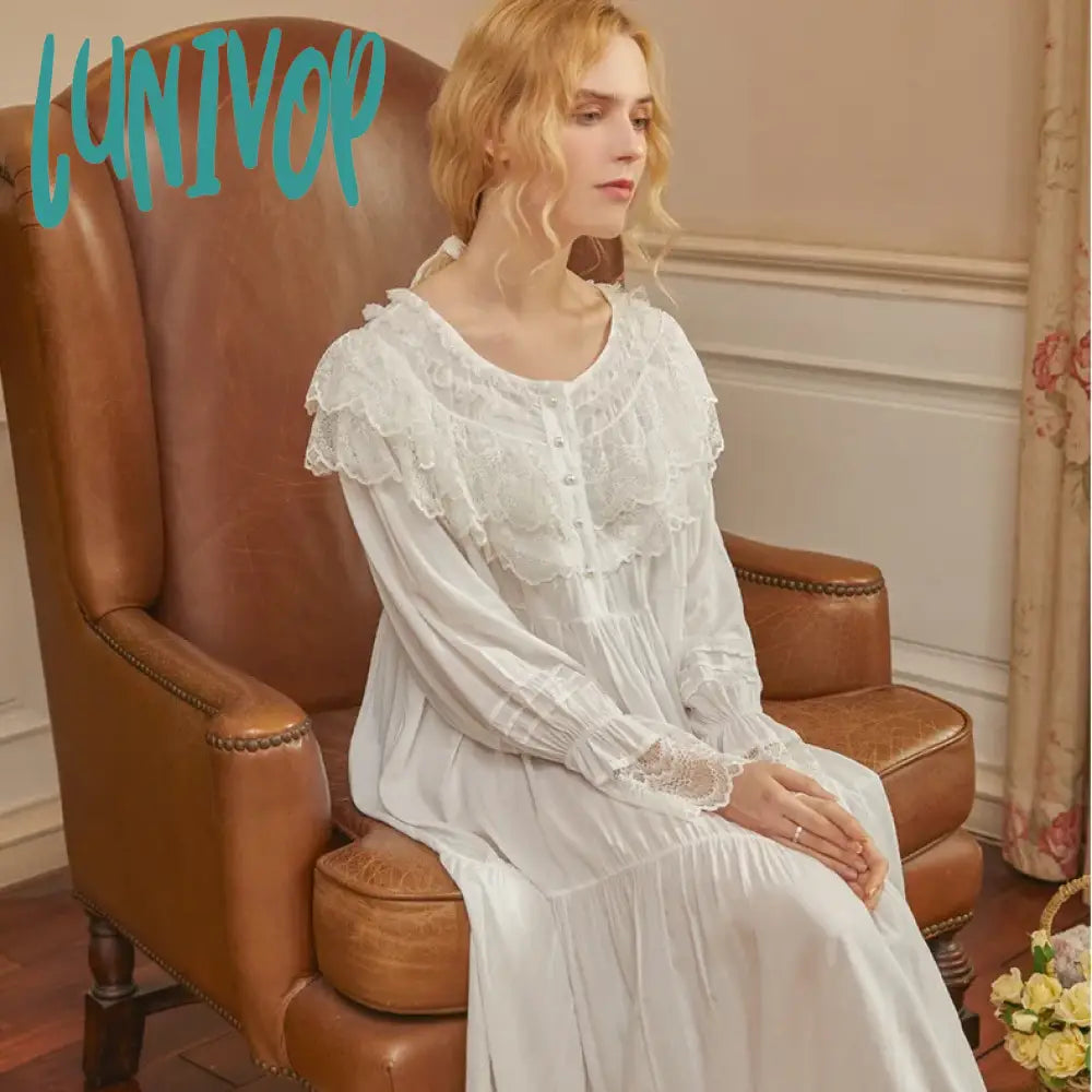 Lunivop Victorian White Night Dress Women Long Sleeve Romantic Vintage Nightgown Retro Princess