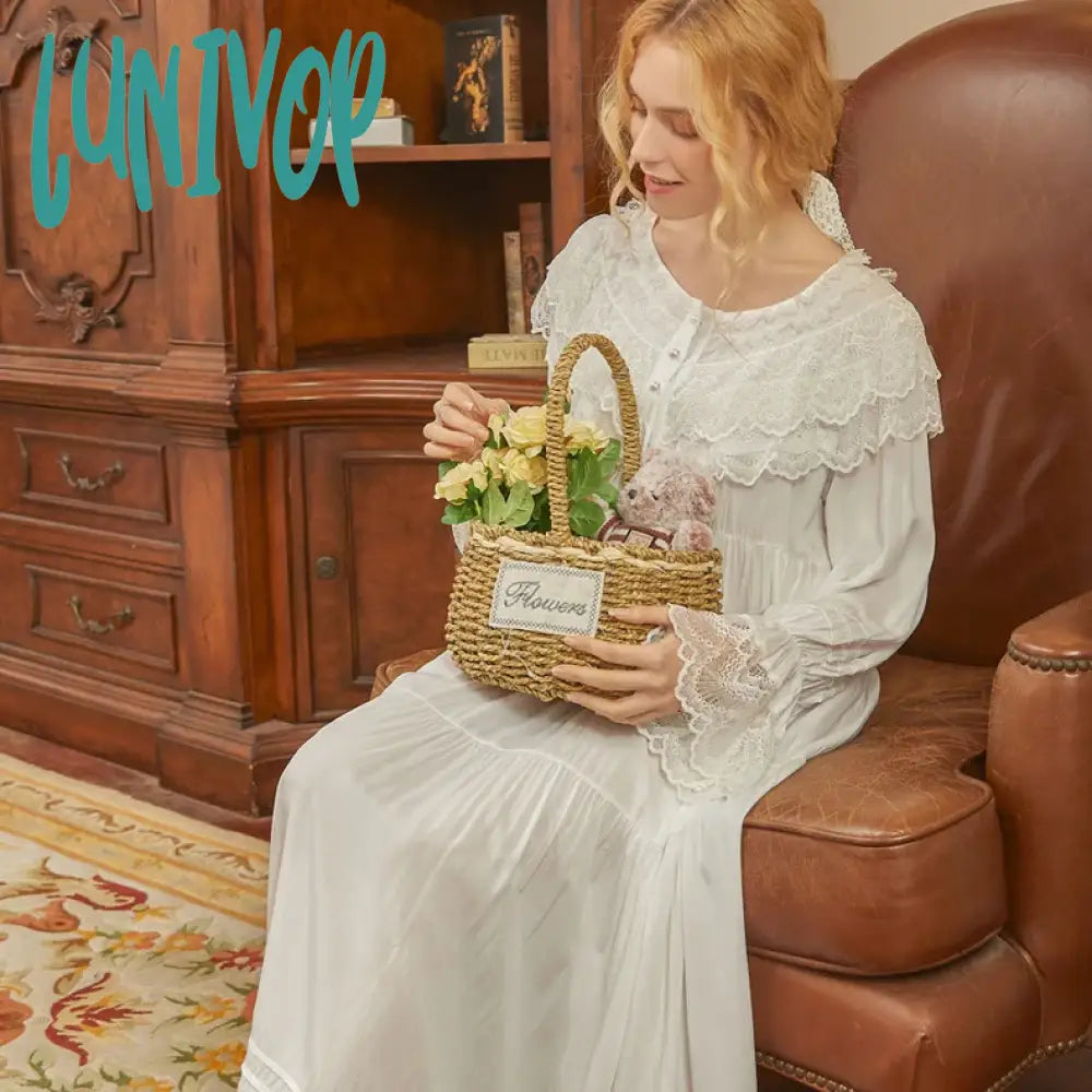 Lunivop Victorian White Night Dress Women Long Sleeve Romantic Vintage Nightgown Retro Princess