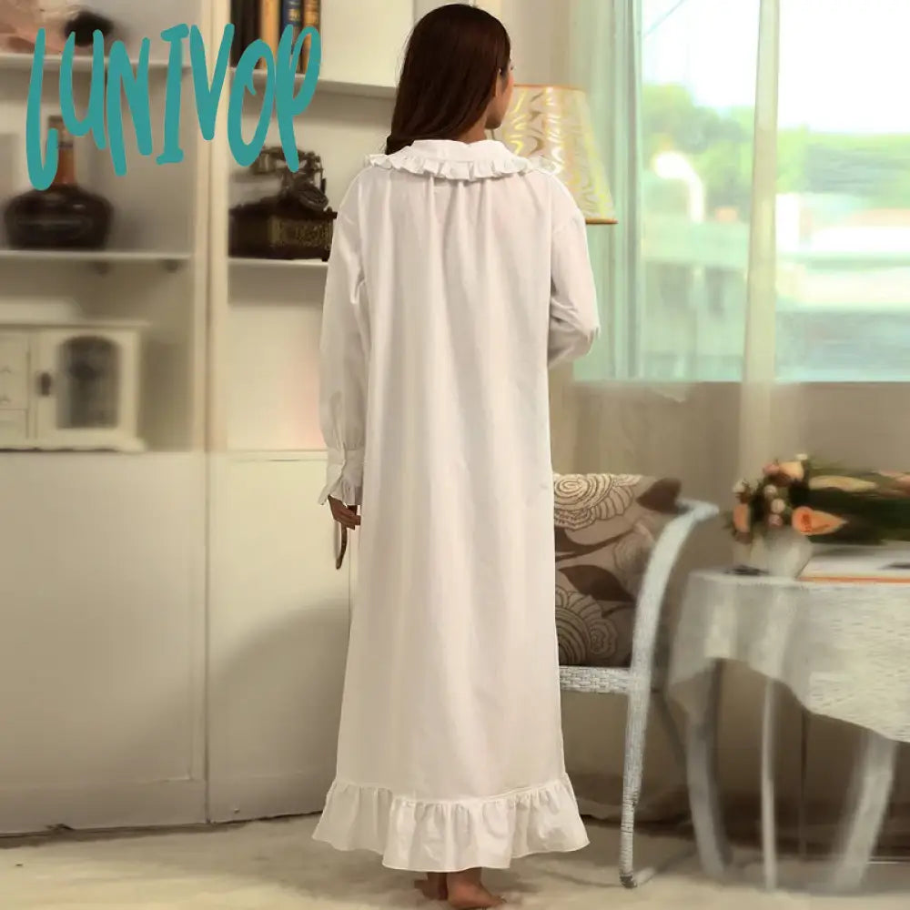 Lunivop Victorian White Night Dress Women Spring Fall Long Sleeve Robe Peignoir Vintage Nightgowns