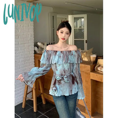 Lunivop Vintage 90S Tie Dye Shirts Women Sexy Slash Neck Flare Long Sleeve Blouses Summer Korean