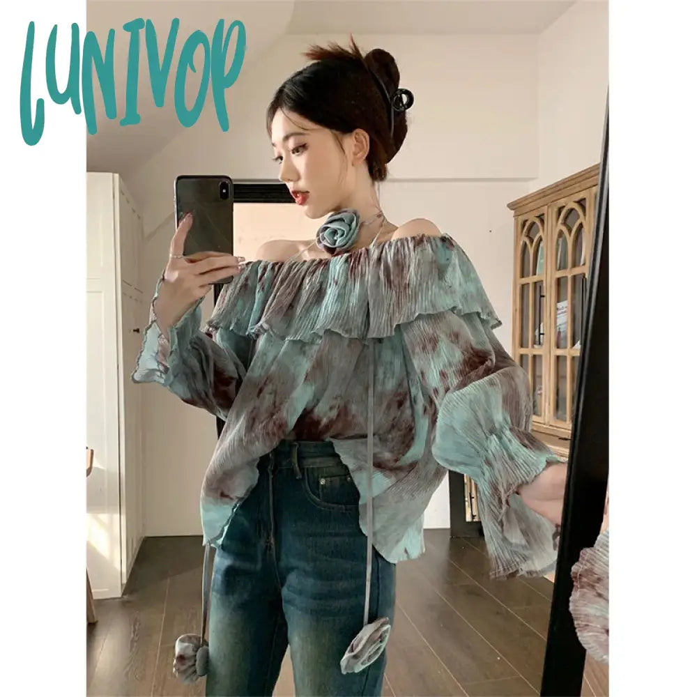 Lunivop Vintage 90S Tie Dye Shirts Women Sexy Slash Neck Flare Long Sleeve Blouses Summer Korean