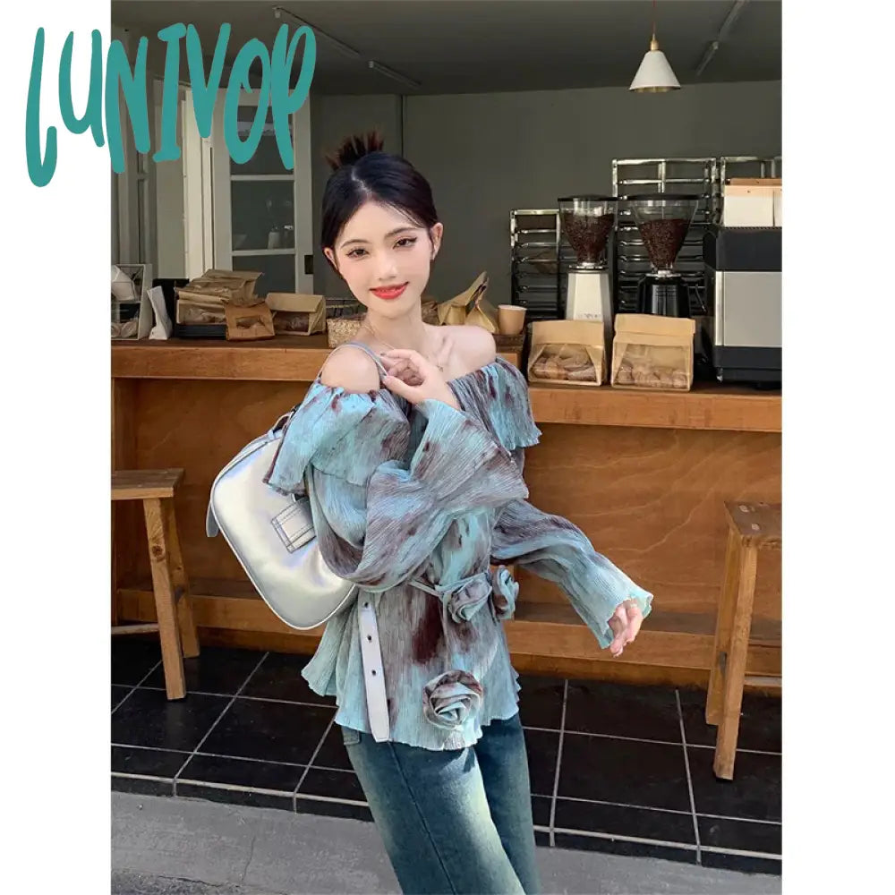 Lunivop Vintage 90S Tie Dye Shirts Women Sexy Slash Neck Flare Long Sleeve Blouses Summer Korean