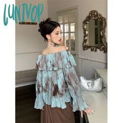 Lunivop Vintage 90S Tie Dye Shirts Women Sexy Slash Neck Flare Long Sleeve Blouses Summer Korean