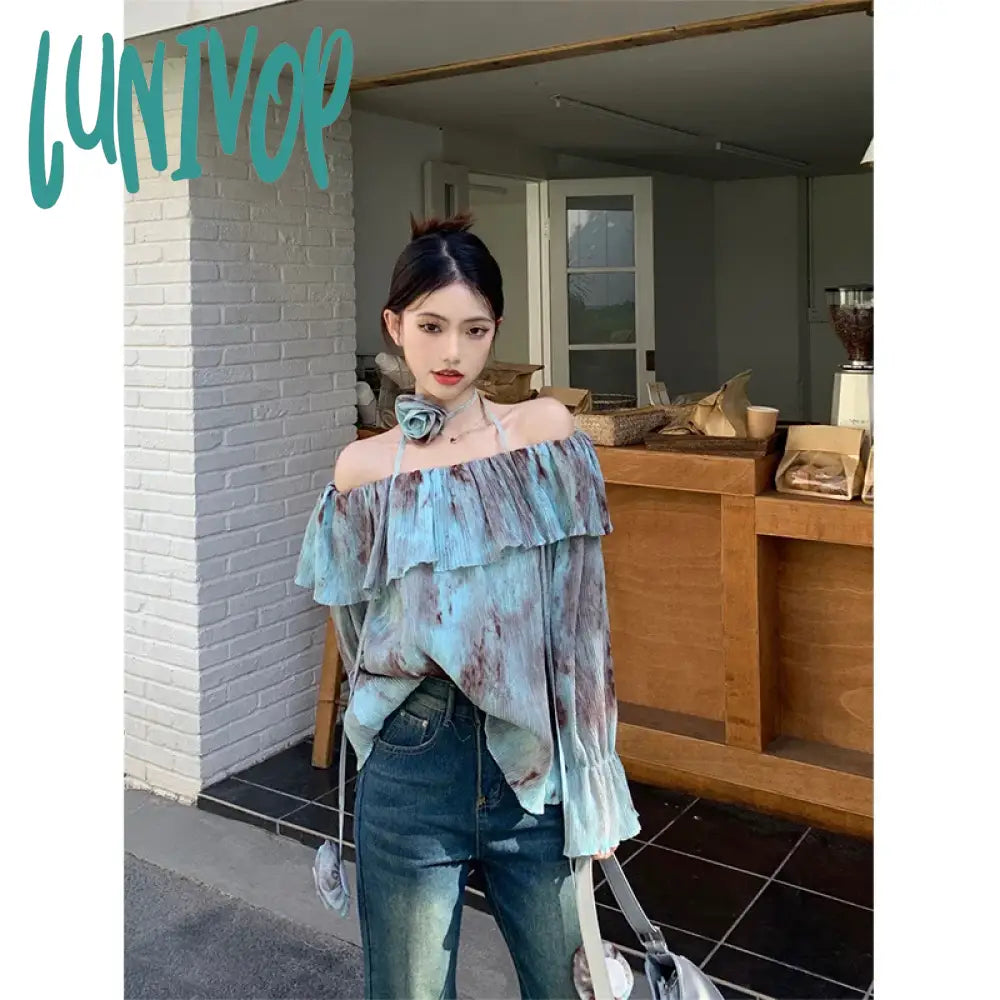 Lunivop Vintage 90S Tie Dye Shirts Women Sexy Slash Neck Flare Long Sleeve Blouses Summer Korean