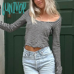 Lunivop Vintage Aesthetic Y2K Retro Crop Tops Cyber Grunge Striped T-Shirt Women Low Cut O Neck