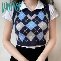 Lunivop Vintage Argyle Knitted Sweater Vest Women Preppy Style V Neck Sleeveless Crop Sweaters Haut