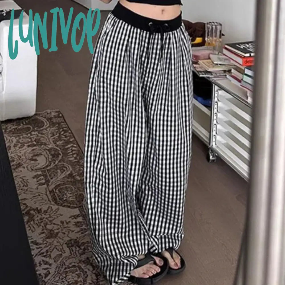 Lunivop Vintage Baggy Plaid Pants Woman Y2K Casual Sports Korean Fashion Wide Leg Trousers Jogging