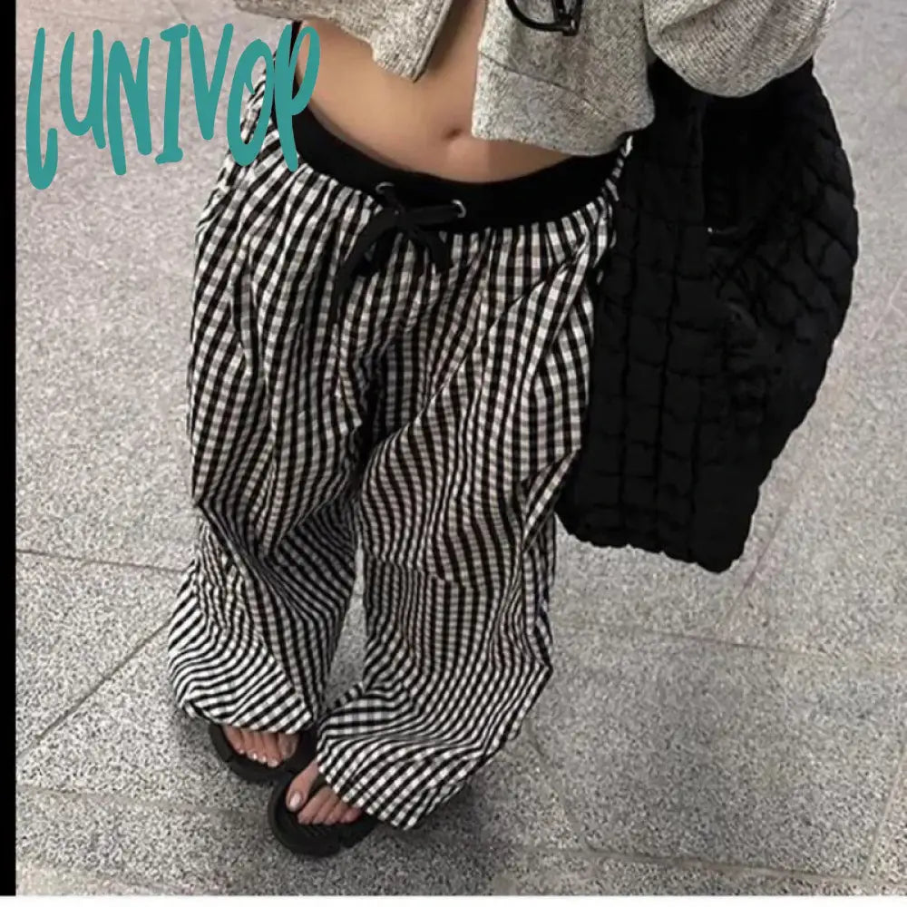 Lunivop Vintage Baggy Plaid Pants Woman Y2K Casual Sports Korean Fashion Wide Leg Trousers Jogging