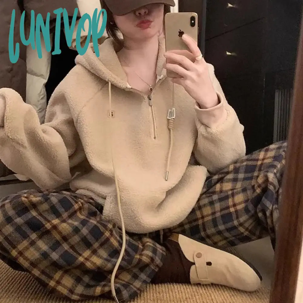 Lunivop Vintage Baggy Woman Plaid Pants Autumn Korean Fashion Office Lady Basic Wide Leg Trousers