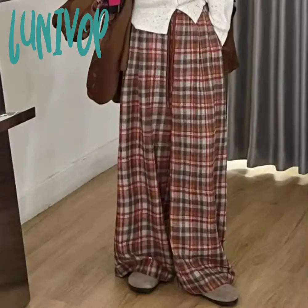 Lunivop Vintage Baggy Woman Plaid Pants Autumn Korean Fashion Office Lady Basic Wide Leg Trousers