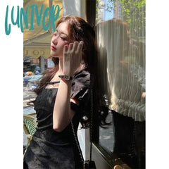 Lunivop Vintage Black Mini Dress Women Y2K Birthday Party Square Collar One Pieces Dresses Korean