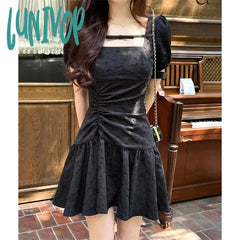 Lunivop Vintage Black Mini Dress Women Y2K Birthday Party Square Collar One Pieces Dresses Korean