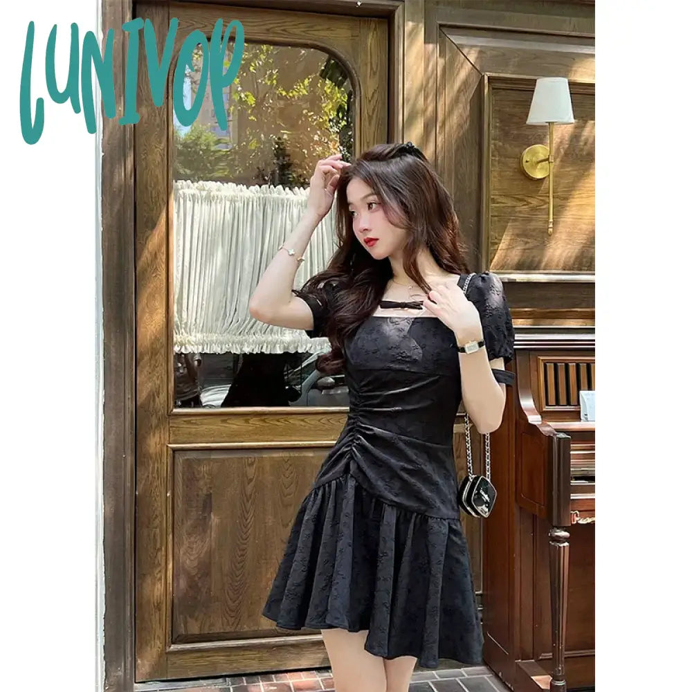 Lunivop Vintage Black Mini Dress Women Y2K Birthday Party Square Collar One Pieces Dresses Korean