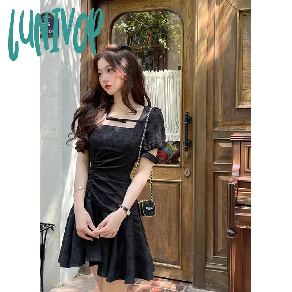 Lunivop Vintage Black Mini Dress Women Y2K Birthday Party Square Collar One Pieces Dresses Korean