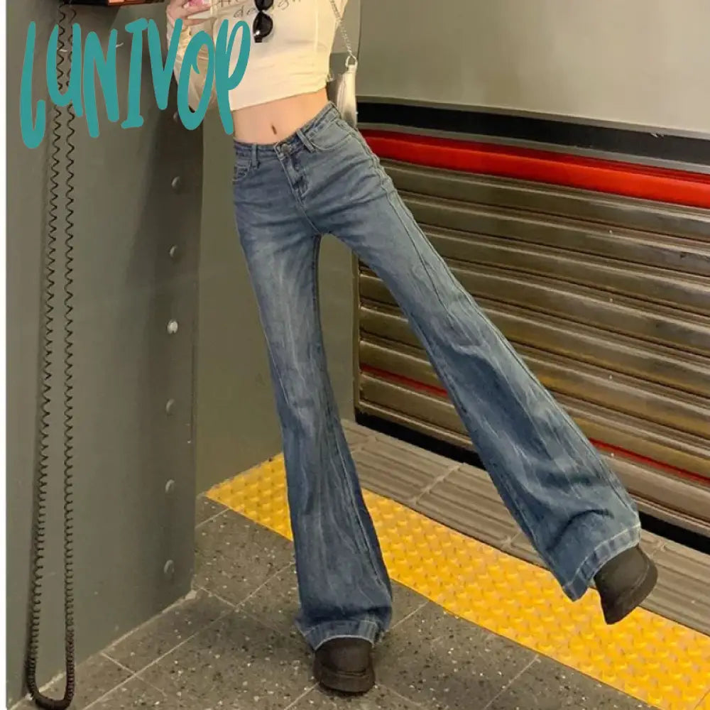 Lunivop Vintage Blue Flare Jeans Woman America Retro Y2K Straight Denim Pants High Waist Office