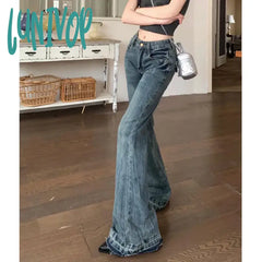 Lunivop Vintage Blue Flare Jeans Woman America Retro Y2K Straight Denim Pants High Waist Office