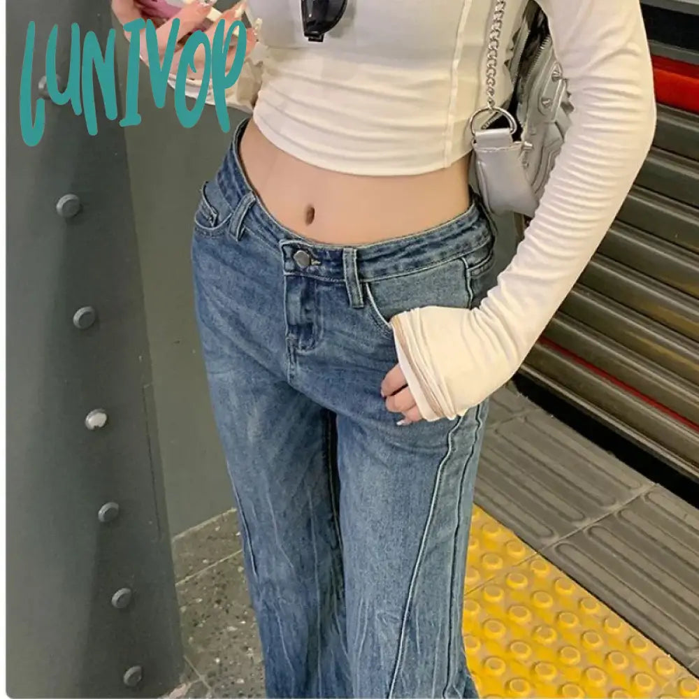 Lunivop Vintage Blue Flare Jeans Woman America Retro Y2K Straight Denim Pants High Waist Office