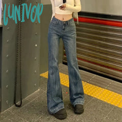 Lunivop Vintage Blue Flare Jeans Woman America Retro Y2K Straight Denim Pants High Waist Office