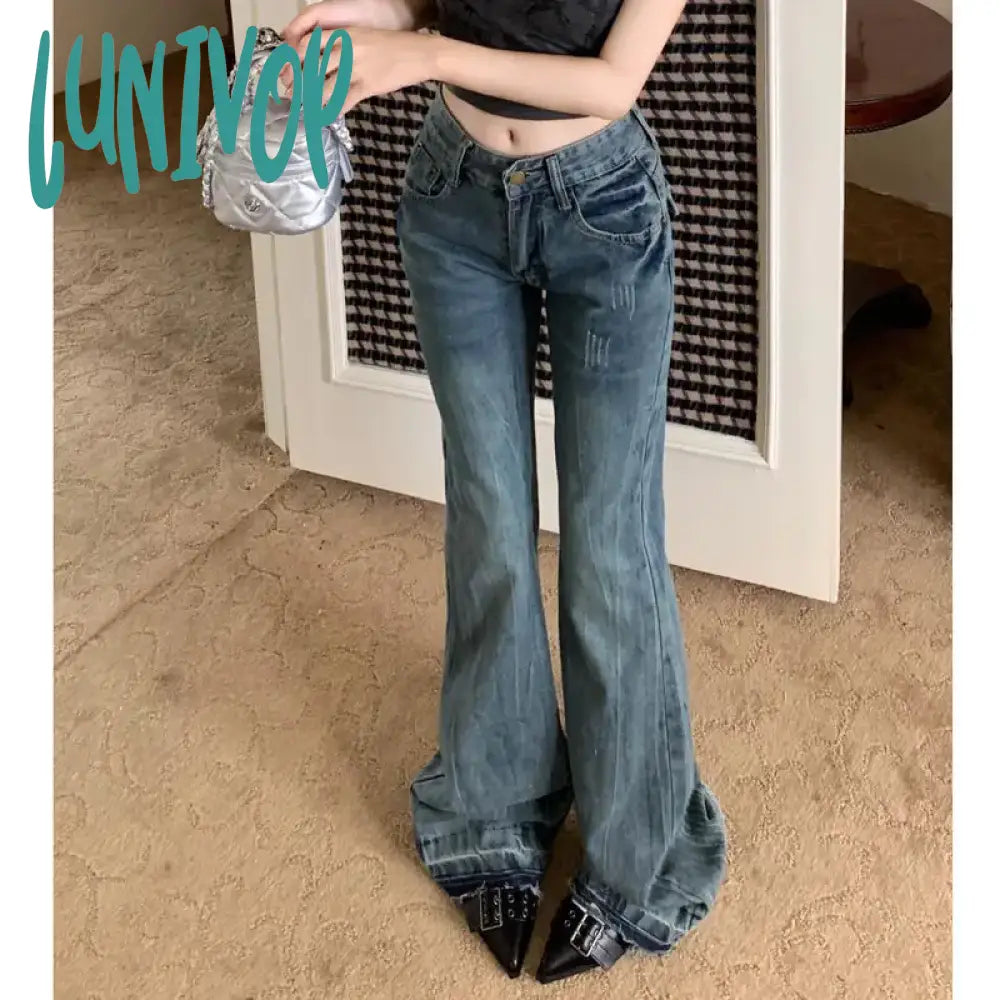 Lunivop Vintage Blue Flare Jeans Woman America Retro Y2K Straight Denim Pants High Waist Office