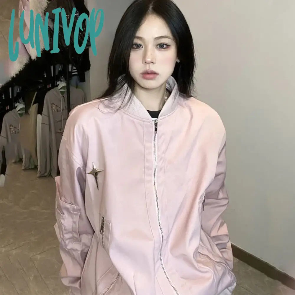 Lunivop Vintage Bomber Jacket Women Oversized Harajuku Fashion Streetwear Star Girl Y2K Pink
