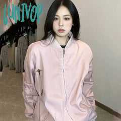 Lunivop Vintage Bomber Jacket Women Oversized Harajuku Fashion Streetwear Star Girl Y2K Pink