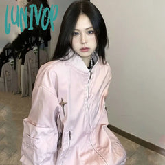 Lunivop Vintage Bomber Jacket Women Oversized Harajuku Fashion Streetwear Star Girl Y2K Pink