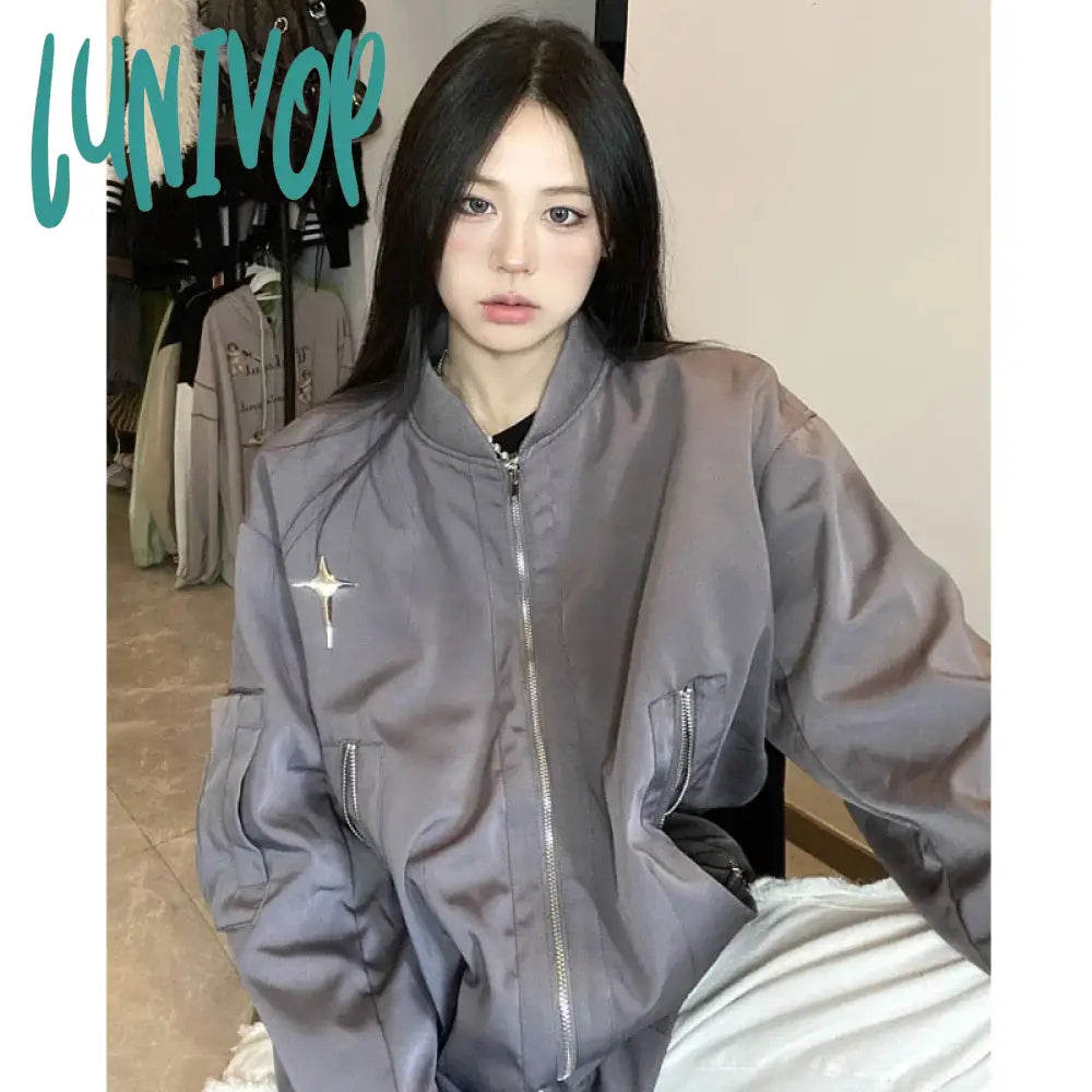 Lunivop Vintage Bomber Jacket Women Oversized Harajuku Fashion Streetwear Star Girl Y2K Pink