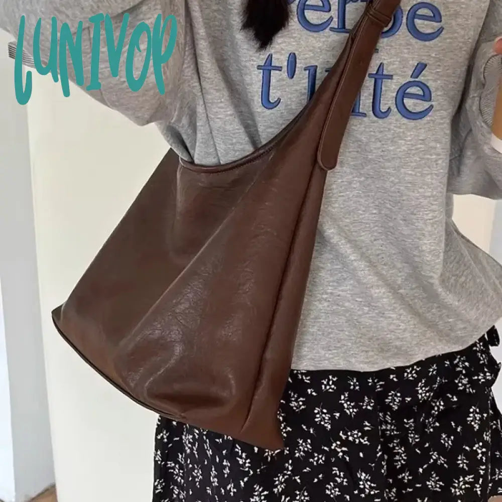 Lunivop Vintage Brown Shoulder Bag For Women Elegant Pu Leather Casual Large Capacity Tote