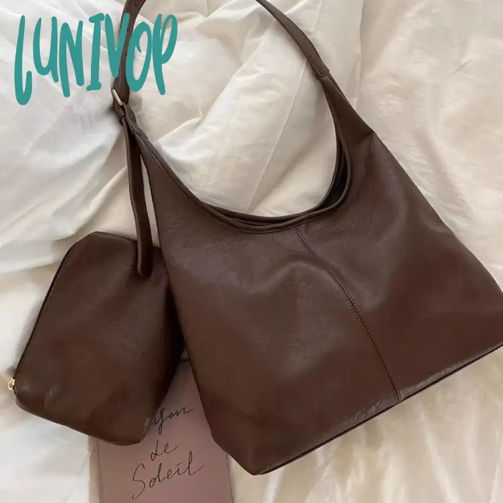 Lunivop Vintage Brown Shoulder Bag For Women Elegant Pu Leather Casual Large Capacity Tote