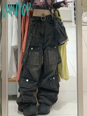 Lunivop Vintage Cargo Jeans Women High Street Oversized Punk Grunge Y2K Black With Pockets Hippie