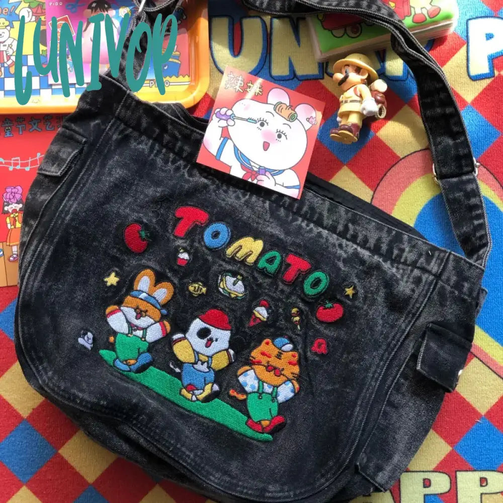 Lunivop Vintage Cartoon Denim Tote Bags For Women Luxury Designer Kawaii Embroidery Shoulder Bag