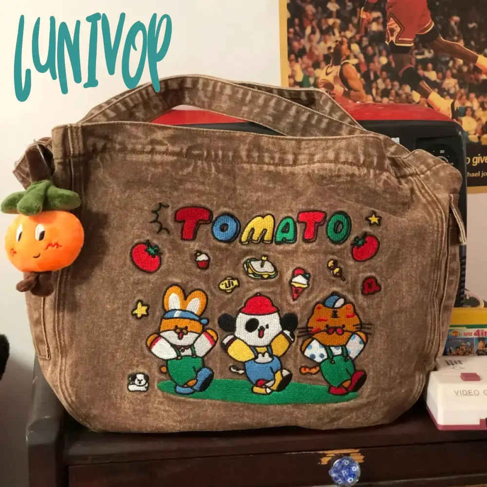 Lunivop Vintage Cartoon Denim Tote Bags For Women Luxury Designer Kawaii Embroidery Shoulder Bag