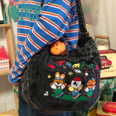 Lunivop Vintage Cartoon Denim Tote Bags For Women Luxury Designer Kawaii Embroidery Shoulder Bag