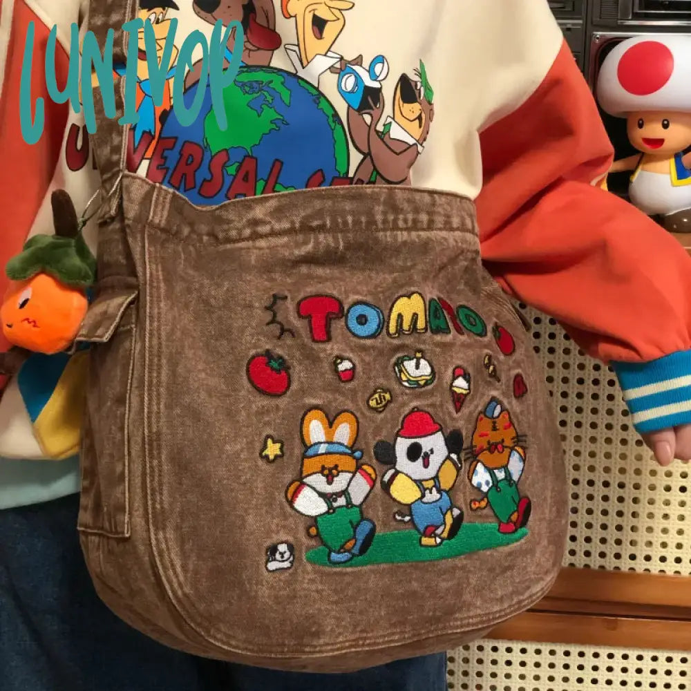 Lunivop Vintage Cartoon Denim Tote Bags For Women Luxury Designer Kawaii Embroidery Shoulder Bag