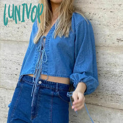 Lunivop Vintage Cottage Long Sleeve V Neck Shirts Spring Fall Blouses Tees 00S Retro Tie-Up Front