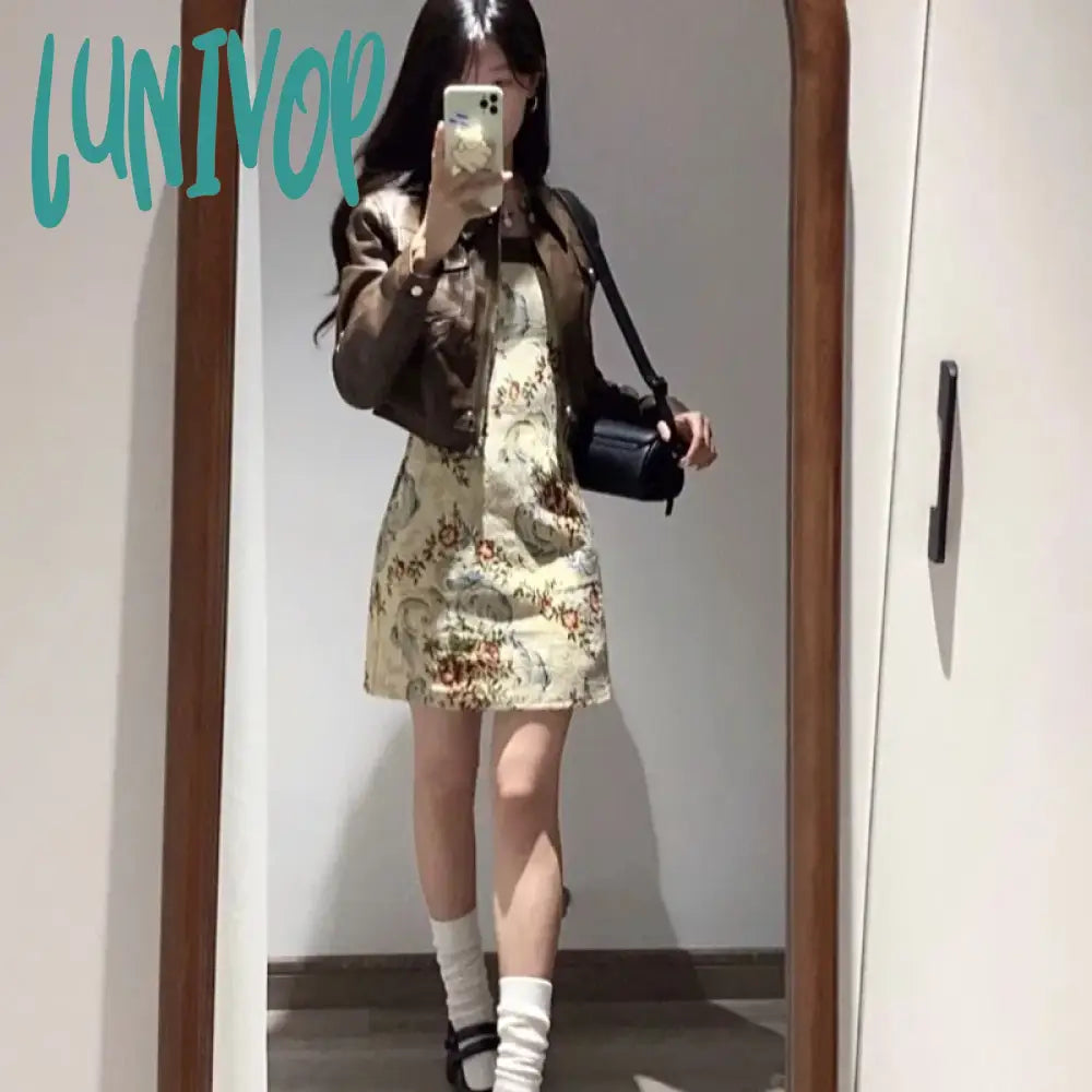 Lunivop Vintage Crop Brown Leather Jacket Women Korean Style Streetwear Fashion Short Motorcycle