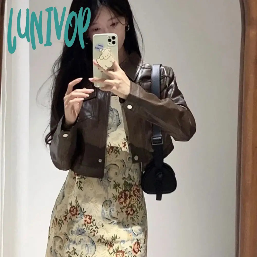 Lunivop Vintage Crop Brown Leather Jacket Women Korean Style Streetwear Fashion Short Motorcycle