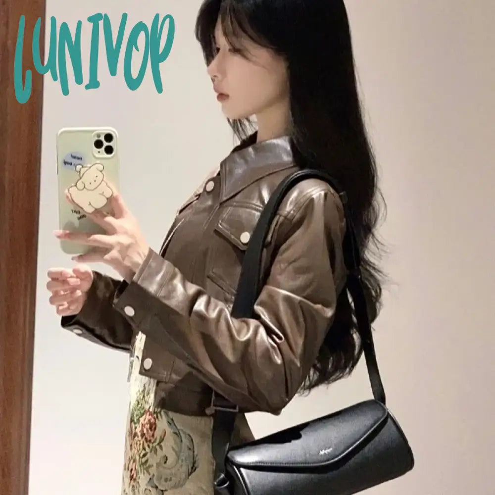 Lunivop Vintage Crop Brown Leather Jacket Women Korean Style Streetwear Fashion Short Motorcycle