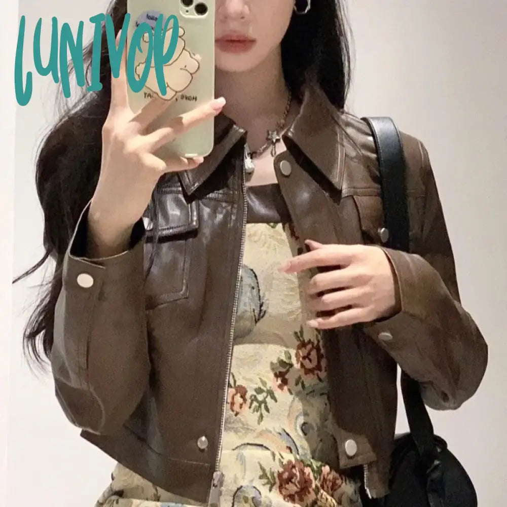 Lunivop Vintage Crop Brown Leather Jacket Women Korean Style Streetwear Fashion Short Motorcycle