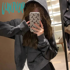 Lunivop Vintage Cropped Hoodie For Women Streetwear Korean Fashion Zip-Up Hooded Sweatshirts