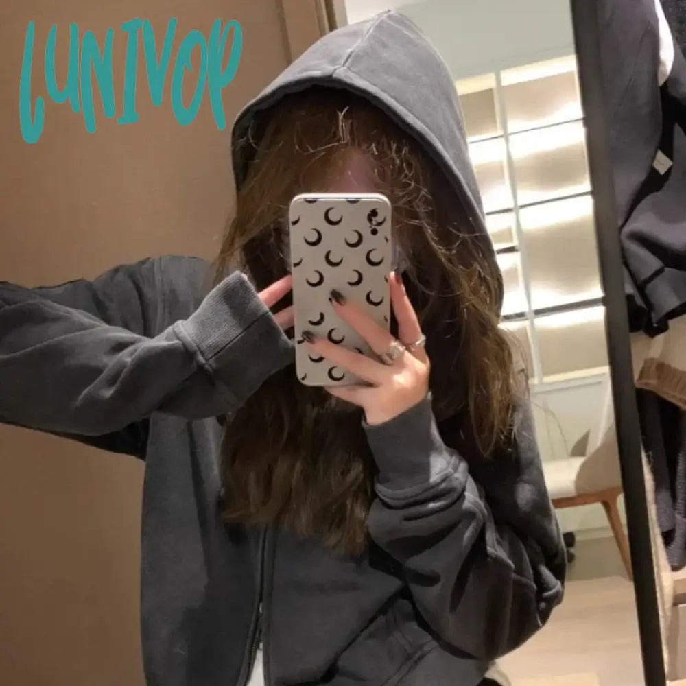 Lunivop Vintage Cropped Hoodie For Women Streetwear Korean Fashion Zip-Up Hooded Sweatshirts