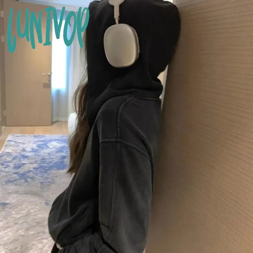 Lunivop Vintage Cropped Hoodie For Women Streetwear Korean Fashion Zip-Up Hooded Sweatshirts