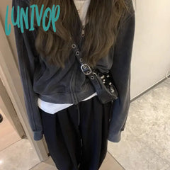 Lunivop Vintage Cropped Hoodie For Women Streetwear Korean Fashion Zip-Up Hooded Sweatshirts