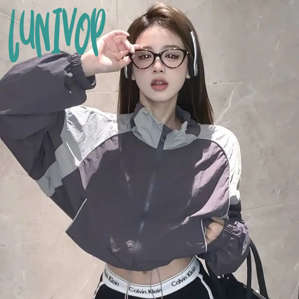Lunivop Vintage Cropped Windbreakers Jacket Women Korean Fashion Summer Preppy Style Jackets