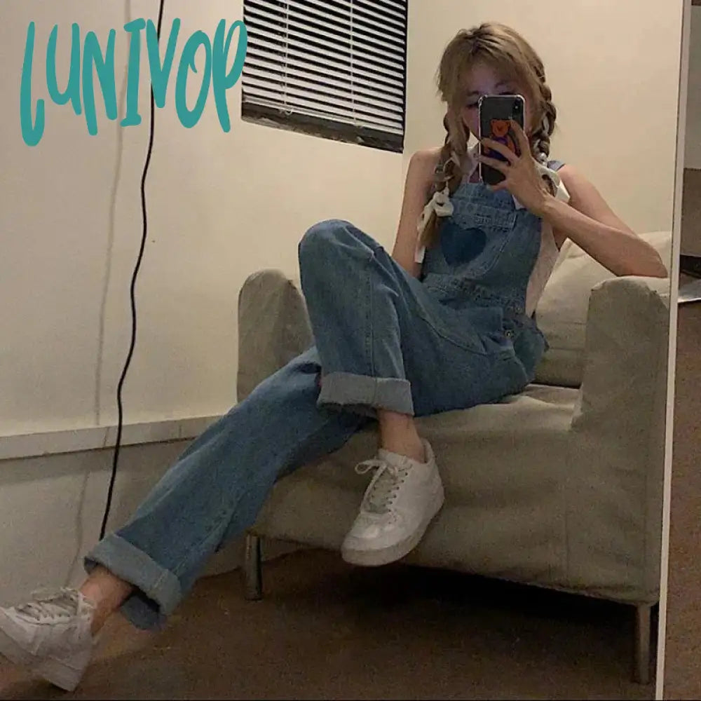 Lunivop Vintage Denim Overalls Women Streetwear Sweet Cute High Waist Wide Leg Jumpsuit Student