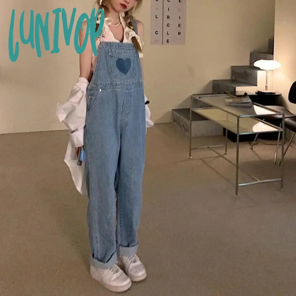 Lunivop Vintage Denim Overalls Women Streetwear Sweet Cute High Waist Wide Leg Jumpsuit Student