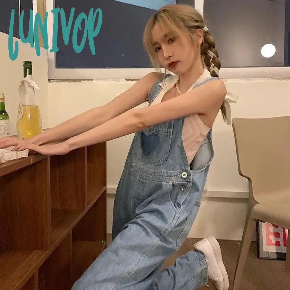 Lunivop Vintage Denim Overalls Women Streetwear Sweet Cute High Waist Wide Leg Jumpsuit Student