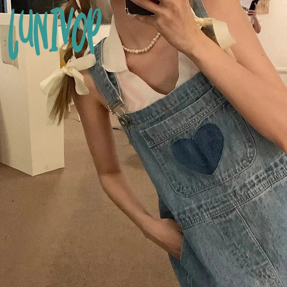 Lunivop Vintage Denim Overalls Women Streetwear Sweet Cute High Waist Wide Leg Jumpsuit Student